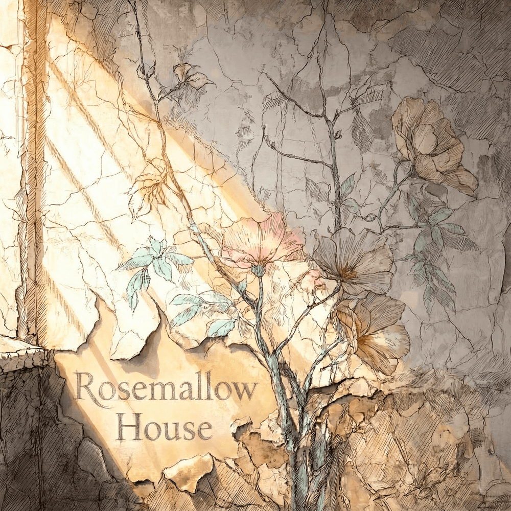 Wall with pealing paint and the book title Rosemallow House